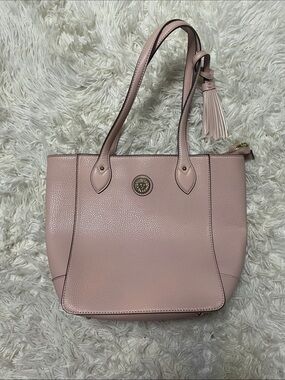 Anne Klein Light Pink Pebble Leather Tote with Tassel Accent